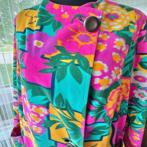 Vintage 1980s robe, teal, hot pink, yellow, green, bold floral geometric fleece - Picture 3 of 10